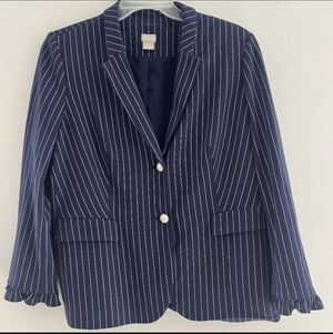 Chico's Womem Blazer Size 3P Medium Navy/White Striped Long Sleeves Buttons